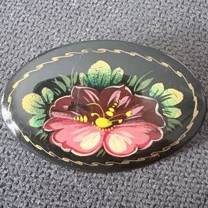 Oval Hand-Painted Russian Black Lacquer Brooch
